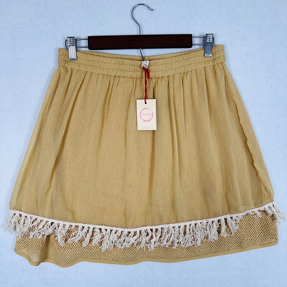 Anthropologie Raga Boho Skirt Sz S Fringe Layered Mustard Yellow Lined Prairie - Picture 5 of 8